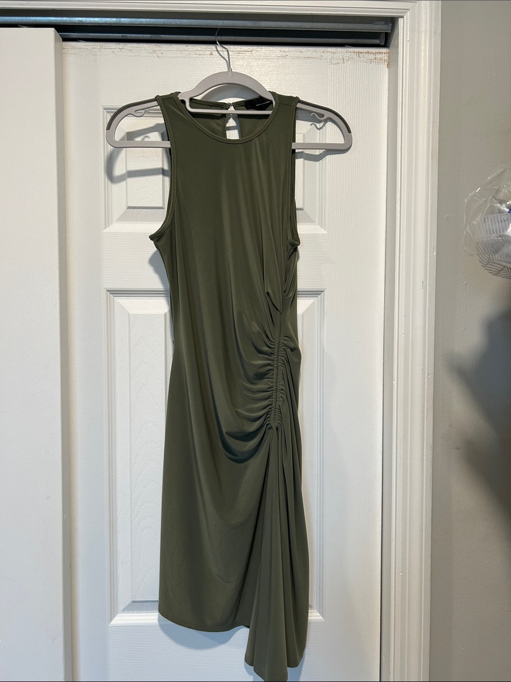 White House Black Market Olive Green Sleeveless Ruched Midi Dress